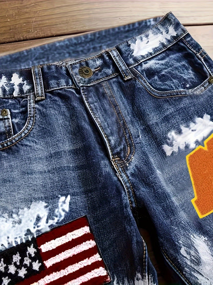 Punk Trend Blue Cat Whisker Slimming Fashion Flag Badge Paint Embroidery Small Straight Men'S Jeans