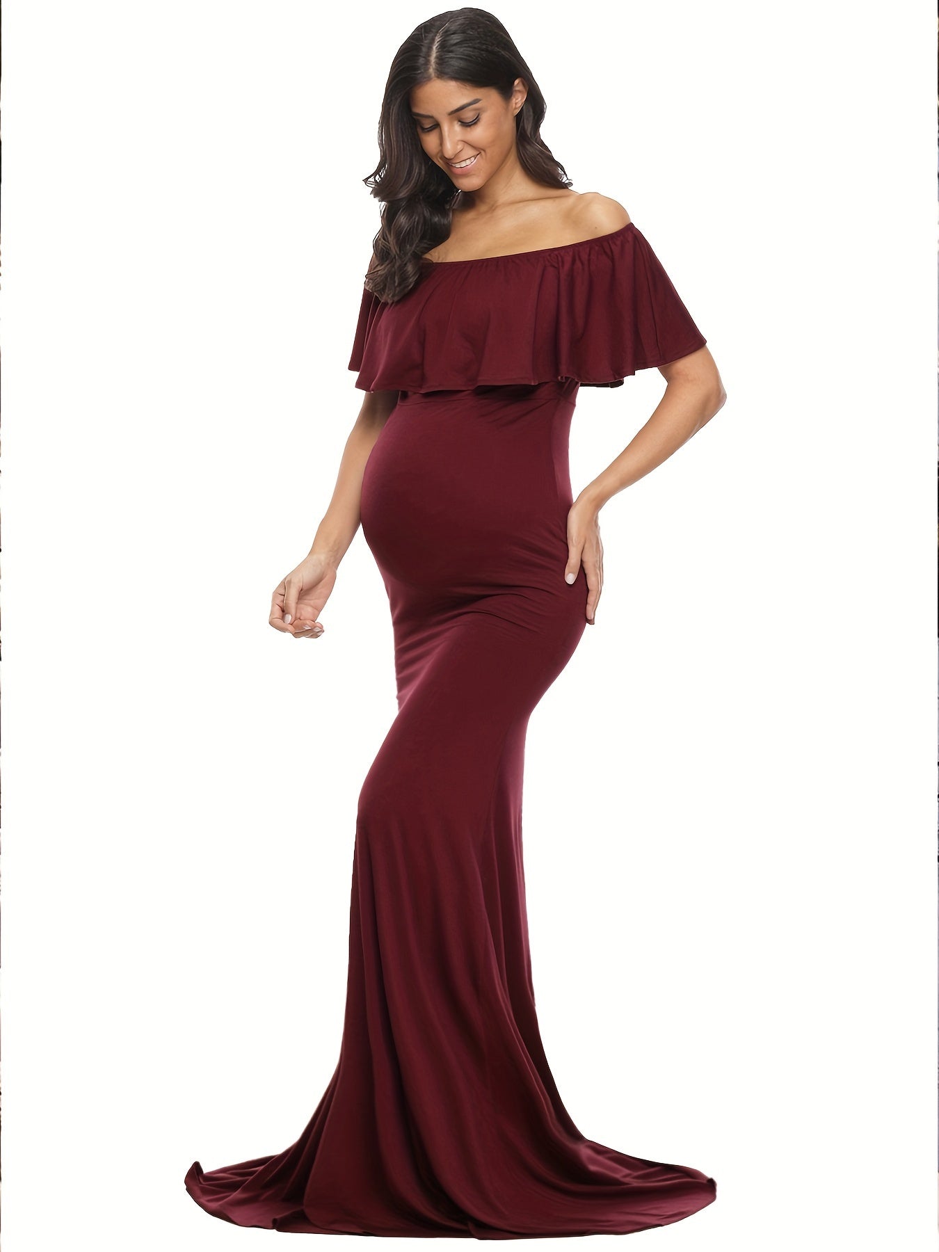 Womens Off Shoulder Maternity Dress Ruffles Elegant Slim Gowns Fit Maxi Photography Dress