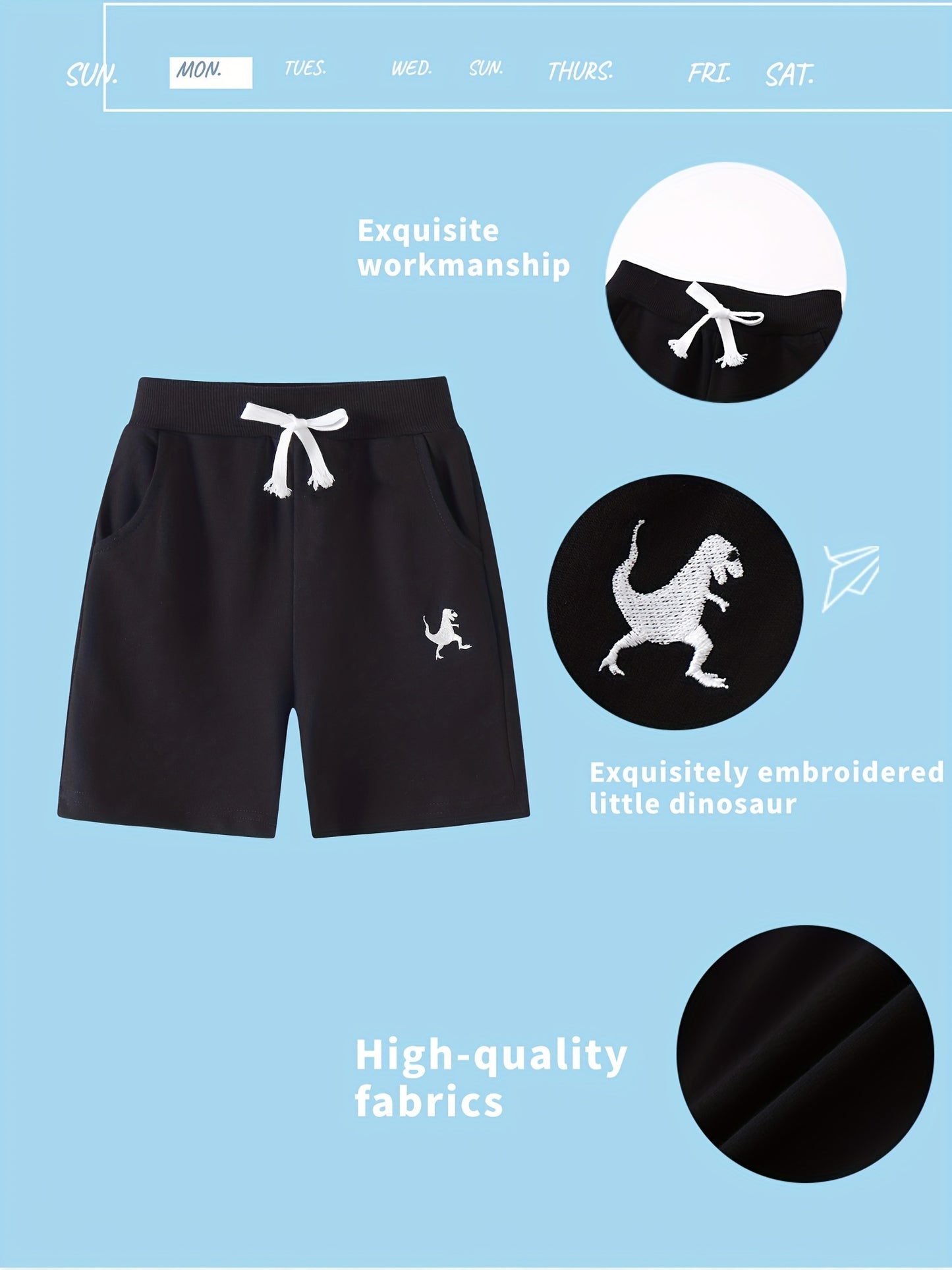 Set of Three Athletic Shorts for Young Boys Featuring Pockets - Easy Pull-On Style with Active Dinosaur Embroidery, Comfortable And Breathable Summer Shorts for Children, for Outdoor