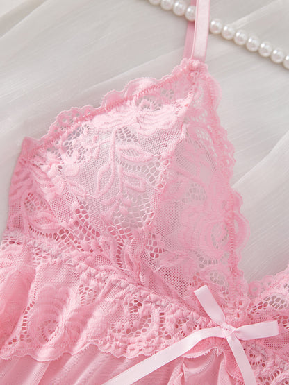 2pcs V-Neck Sexy Hot Contrast Lace Mesh Chemise Babydoll Naughty Lingerie Dress Set Nightwear Nightgown, All-Season Polyester Slip Dress Skimpy Clothes, Soft and Comfortable Sleepwear Intimate Apparel for Women, Christmas Gifts New Year Anniversay Dating