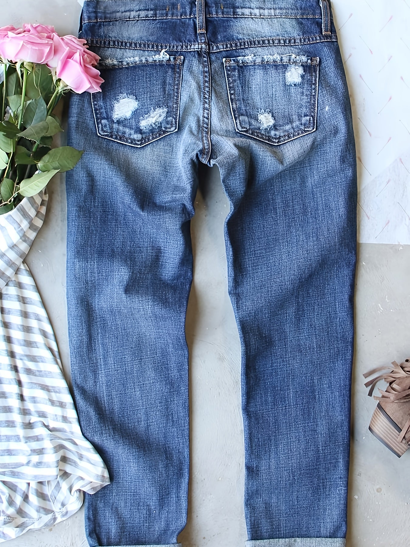Women'S Plus Size Denim Apparel Ripped Print Football Streetwear Color Block Hip Hop Mid-Rise Straight Leg Pants