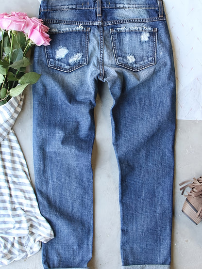 Women'S Plus Size Denim Apparel Ripped Print Football Streetwear Color Block Hip Hop Mid-Rise Straight Leg Pants