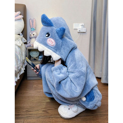 [Hooded Coral Fleece] Winter Jumpsuit Sleepwear, Cute And Sweet Shark Nightgown, Hooded Coral Fleece Thickened And Plush Cartoon Home Outfit
