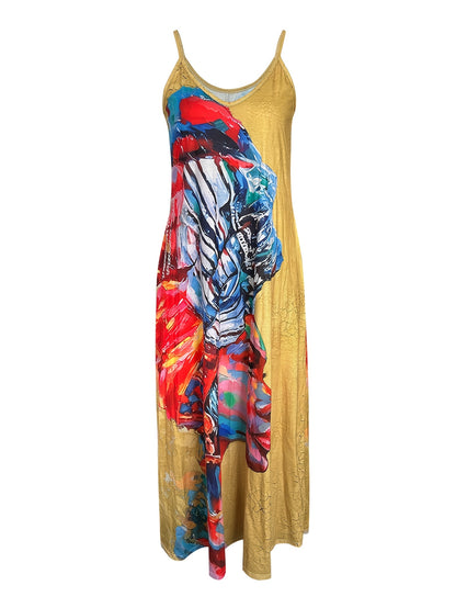 Women'S Long Dress Featuring a Portrait Print, Designed in a New European And American Style with Straps for Summer