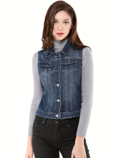 Women's Buttoned Washed Denim Vest Jacket W Chest Flap Pockets
