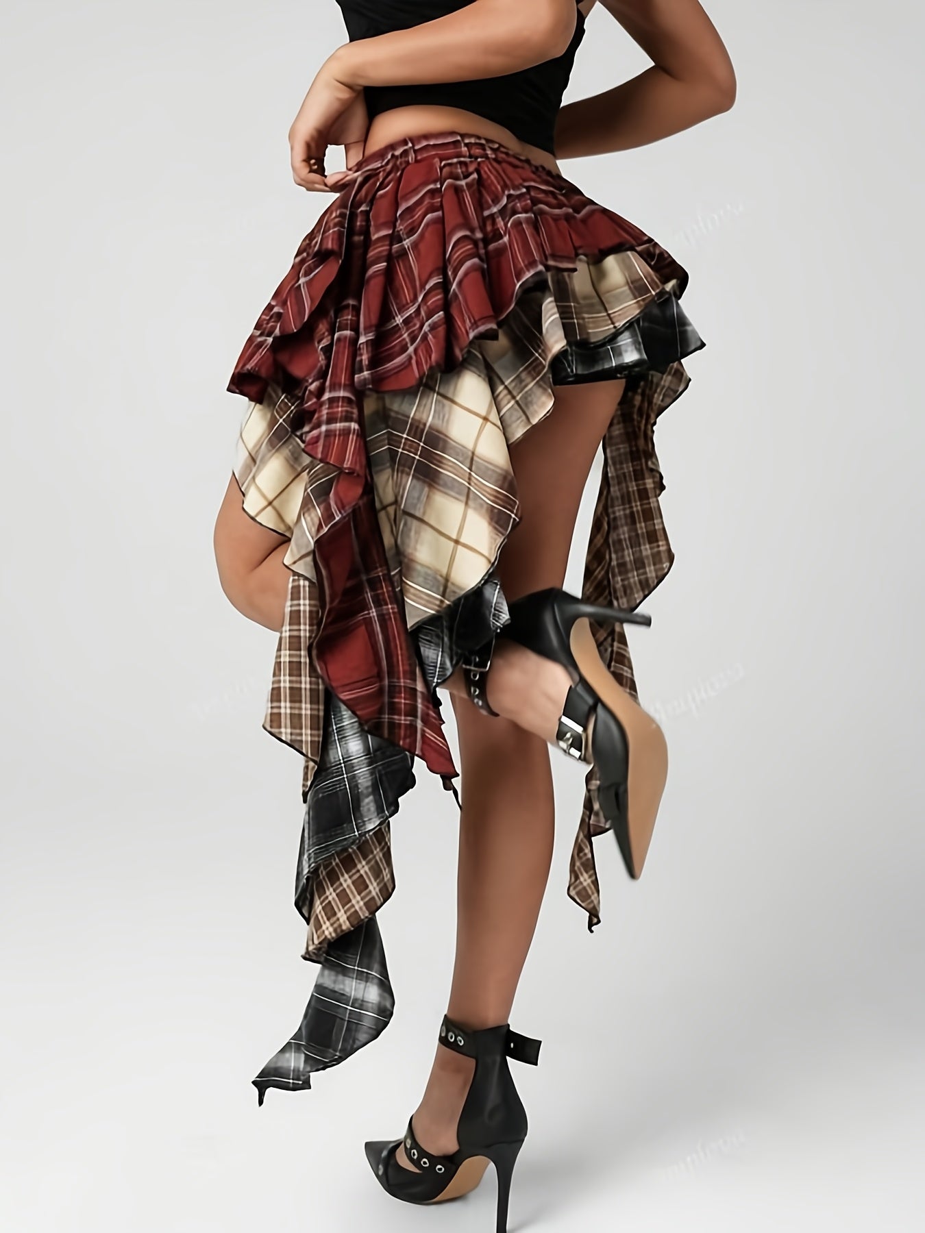 Women's Multi-Color Plaid Tiered Asymmetric Ruffled Mini Skirt, Y2K Punk Style Skirt for Fall Winter Daily Streetwear, Party & Music Festival