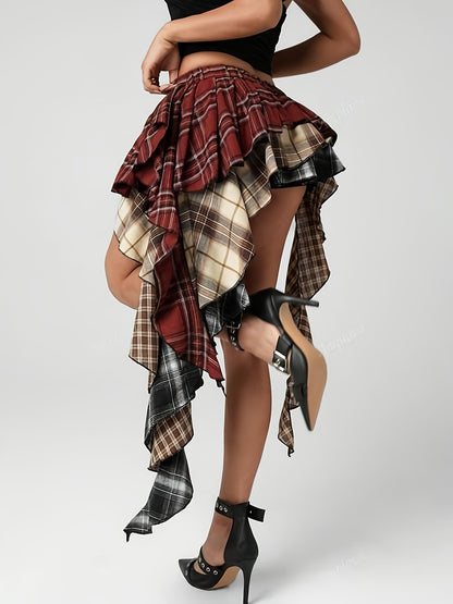 Women's Multi-Color Plaid Tiered Asymmetric Ruffled Mini Skirt, Y2K Punk Style Skirt for Fall Winter Daily Streetwear, Party & Music Festival