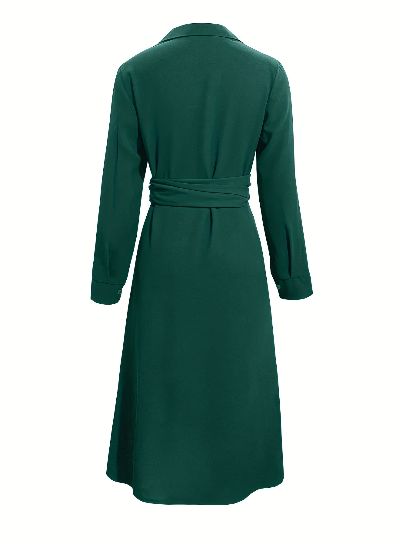 Elegant Women'S Long Sleeve Wrap Belted Shirt Dress - Green Solid Color For Spring, Autumn, And Summer Business Casuas