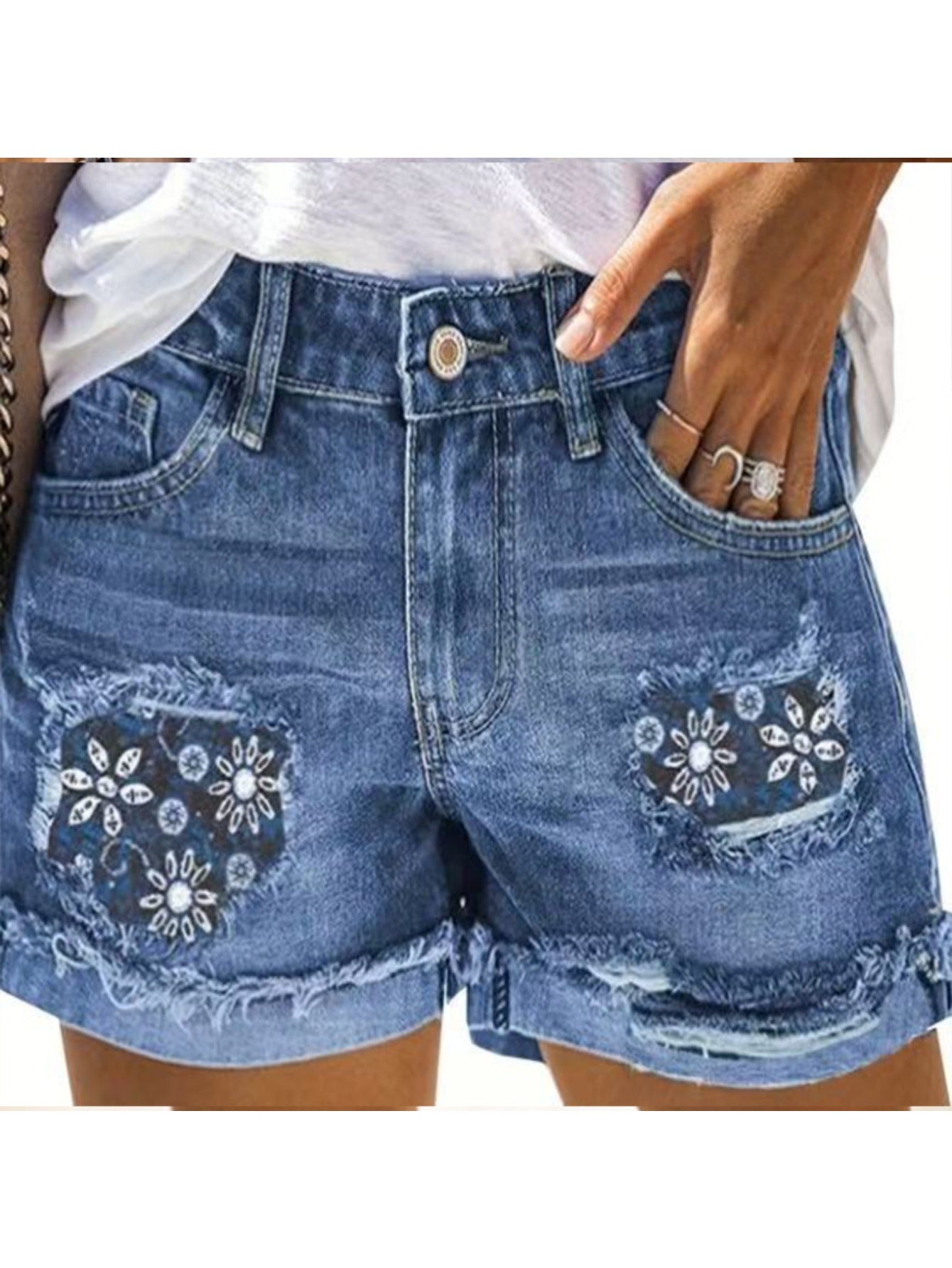 Blue Denim Floral High-Waist Denim Shorts - product view 5