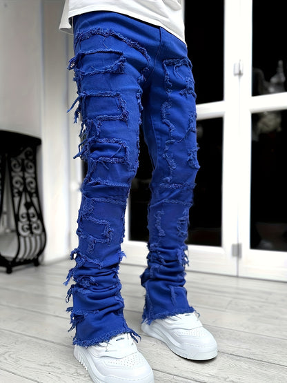Men's Creative Tassel Decor Straight Fit Jeans, Men's Casual Mid-Rise Elastic Street Style Hip-Hop Skate Rap Jeans for All Seasons