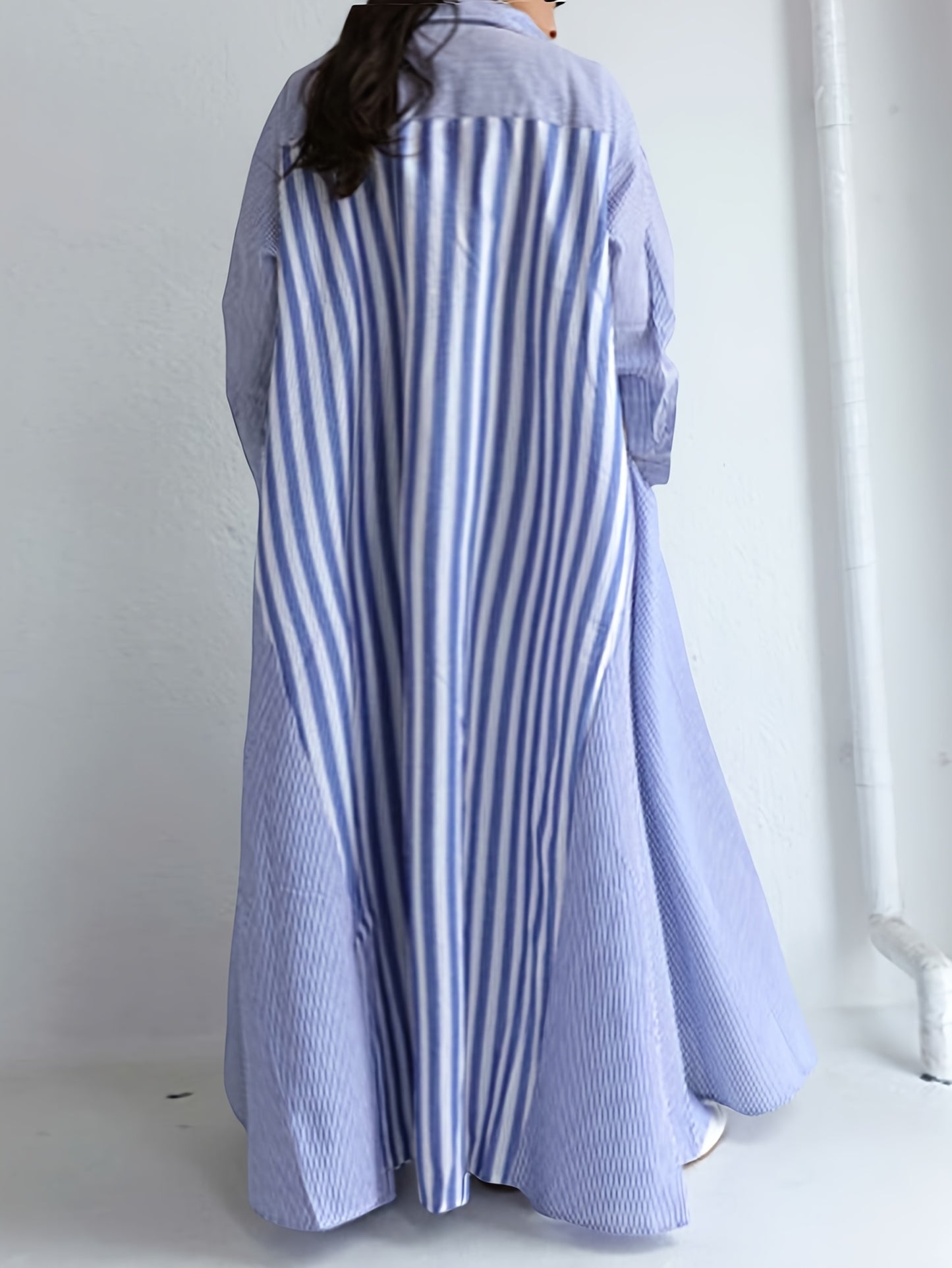 Plus Size - Plus Size - Casual Shirt Dress with Long Sleeves And Striped Stitching Designed for Plus-Size Women