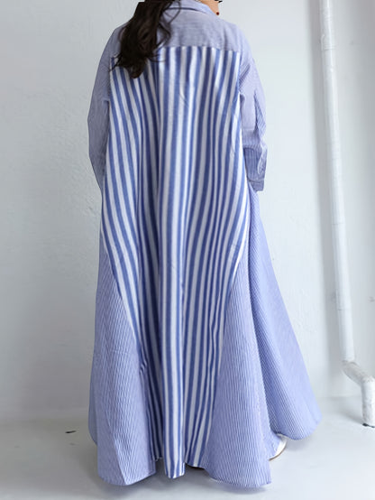 Plus Size - Plus Size - Casual Shirt Dress with Long Sleeves And Striped Stitching Designed for Plus-Size Women