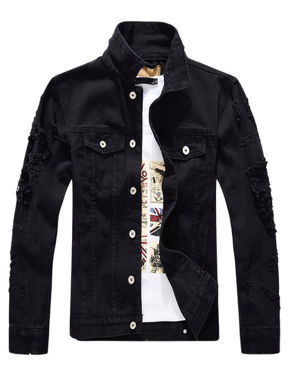 Men's Denim Jacket Fashion Slim Fit Ripped Cotton Stretch Denim Trendy Outerwear