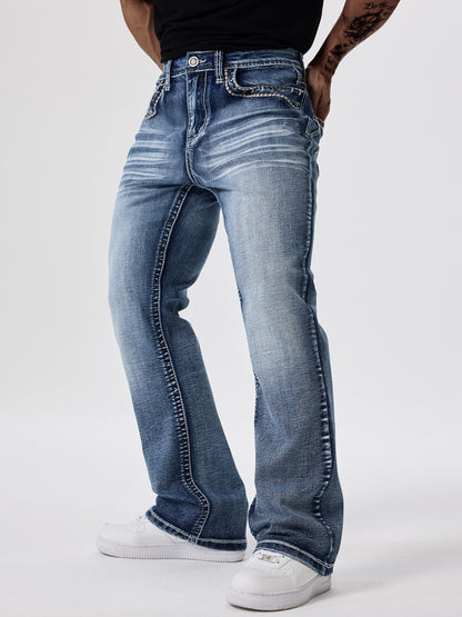 ESDVQ Men's Slim-Fit Classic Washed Denim Bell-Bottom Jeans - Mid-Stretch Machine-Washable Flared Pants with Suitable for All-Season Wear, Comfortable Stretchable Bell-Bottoms for Casual & Dressy Outfits