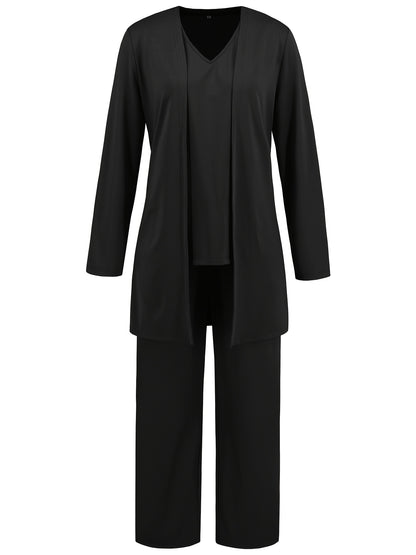 ZAFUL Women's Casual Business Long Sleeve Cardigan, V-Neck Vest Top, Straight Leg Trousers, Fashion Commuter Three-Piece Suit