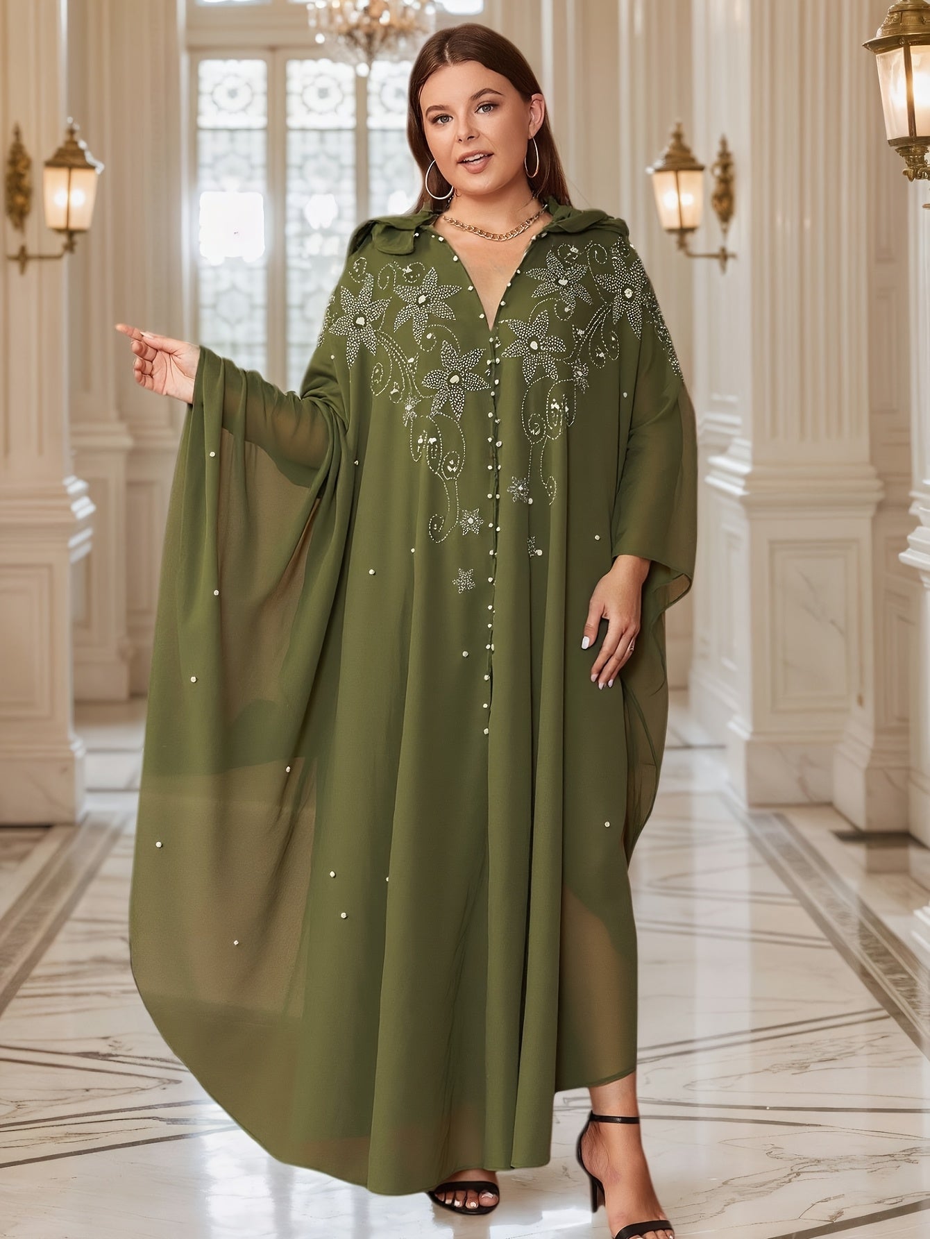 Chic Rhinestone Wrap for Women Featuring Trumpet Sleeves - A Loose-Fitting Long Cape Inspired by Middle Eastern Styles, Adorned with Semi-Sheer Pearls And Crystals, with a Split Hem Perfect for Summer Weddings And Formal Occasions
