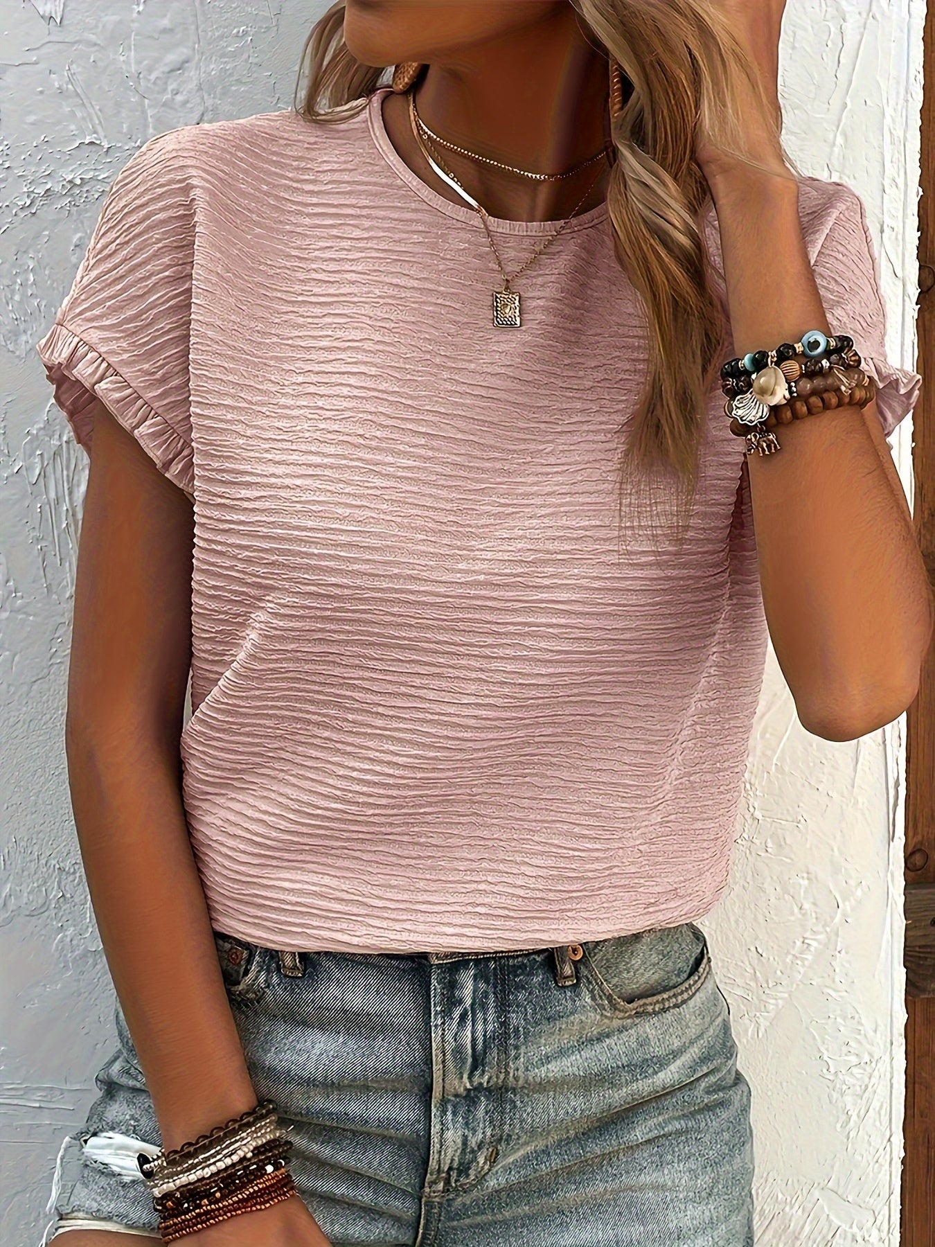 Solid Textured Ruffled Short Sleeve Blouse