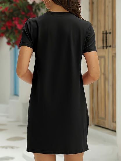 Women'S Spring Summer New Casual Heart Crown Leopard Print Pattern Round Neck T-Shirt Dress, Spring Summer Casual Short Sleeve Dress, Women'S Clothing, Short Sleeve Shirt, Pullover, Fashion Trendy Dress, Nightdress, Loungewear, T-Shirt, Gift Choice