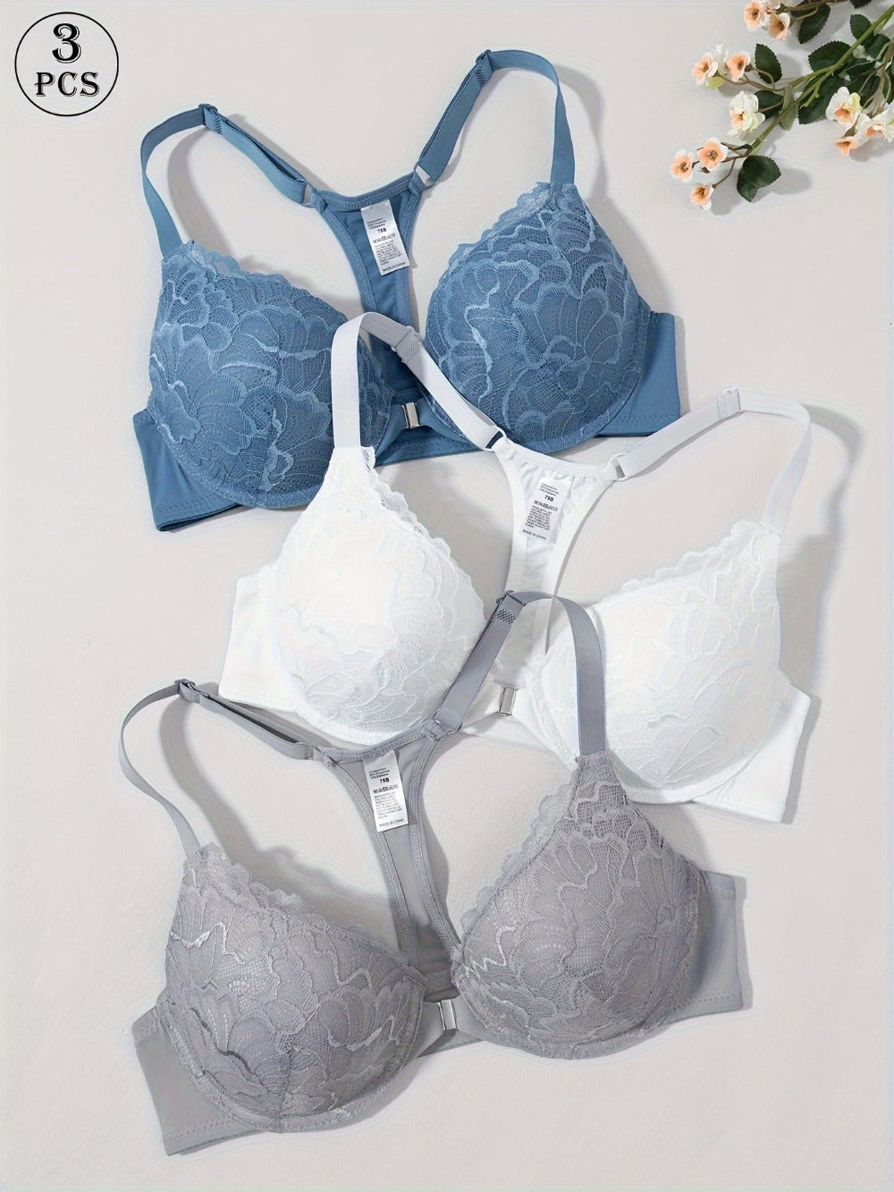 Women’s 3-Pack Front Closure Bra - Lace Detail Comfort - Style 1061
