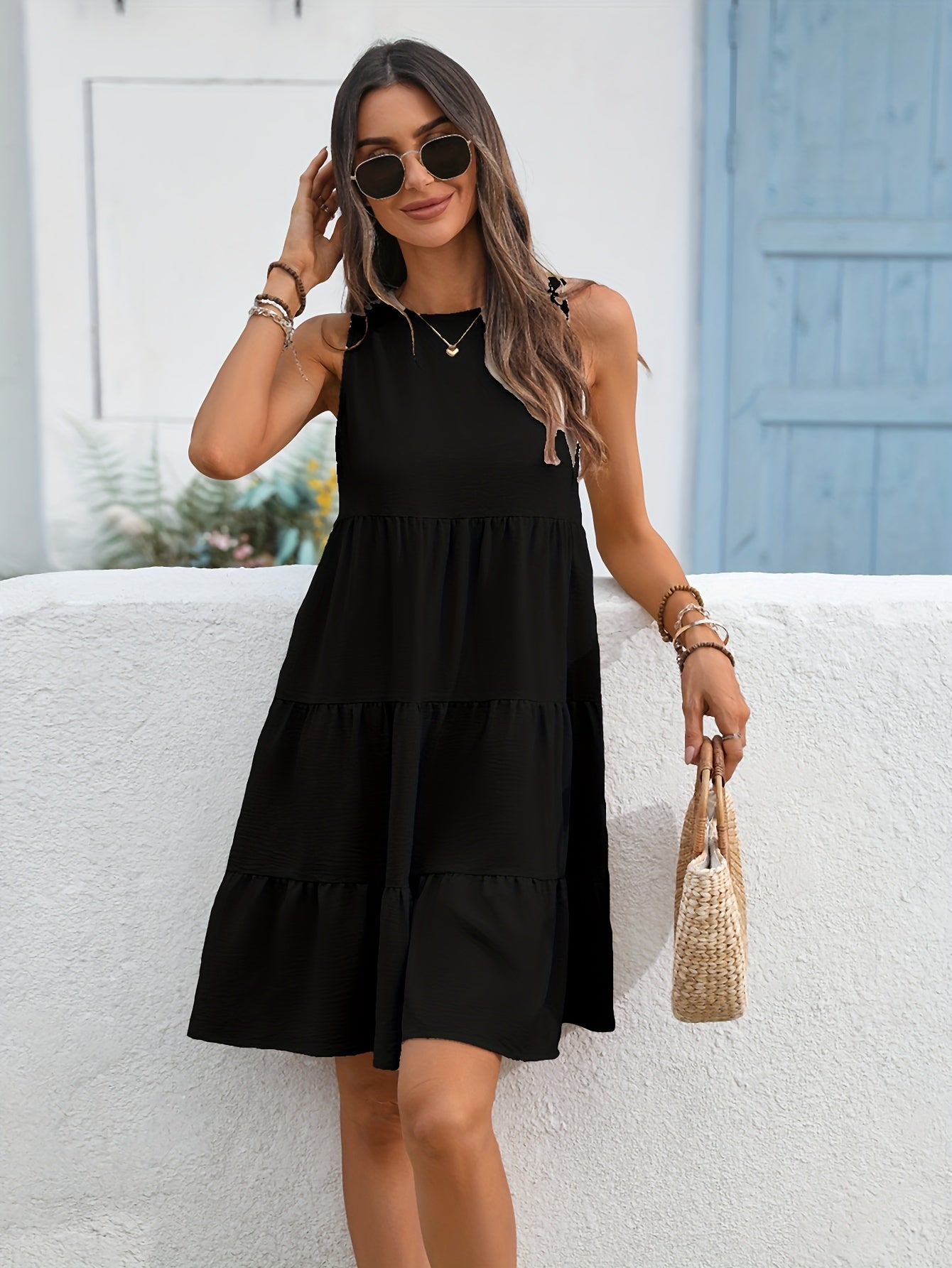 Round Neck Loose Big Swing Patchwork Cake Dress, Casual Solid Color Sleeveless Waist Summer Dresses
