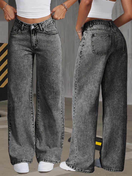 [Elegant Denim Jeans] Women's Gray Snowflake Denim Wide Leg Jeans - Elegant, Comfortable Stretch Casual Pants with High Waist, Button Fly, And Flake Details for Weekend Wear, Versatile Fashion | Elegant Denim | Comfortable Fit
