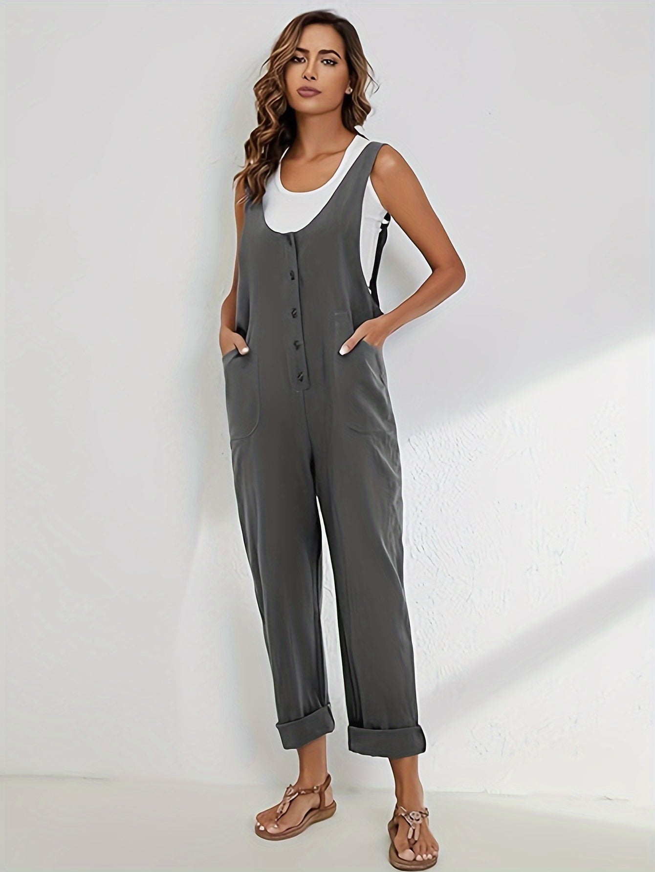 Women'S Overalls Linen Jumpsuits Loose Casual Jumpers with Pockets