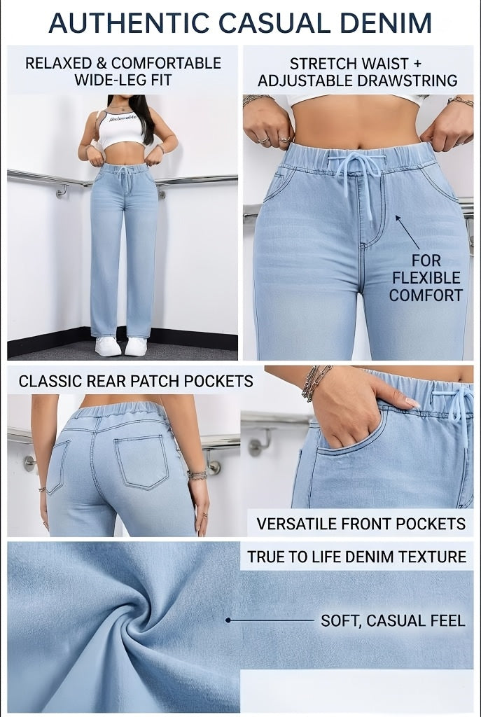 1pc Women's High-Waisted Wide-Leg Jeans Pants - Retro Straight Leg Trousers with Drawstring Waist, Soft- Fabric Suitable for Daily & Streetwear Outfits, Full-Length Bottoms, Hand Washable, Spring/Autumn Wardrobe Essential