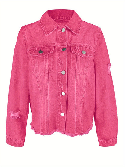 Women's Ripped Washed Button-Up Boyfriend Denim Jacket Coat with Pockets, Casual Classic Distressed Denim Outerwear TZ001