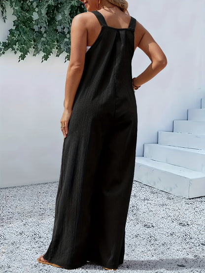Plus Size, Curve Casual Women's Spring And Summer Button Back Tie One-piece Pants - Back Tie Button Design, Casual Black, Thin Thickness, Loose - Spring And Summer Plus Size Women's Casual Jumpsuits