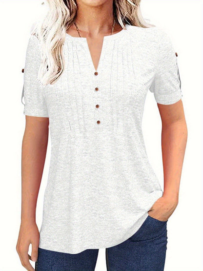 Casual Short-Sleeve Blouse for Women with a Solid Color, Featuring a Pleated Design, Buttoned V-Neck, And a Zipper