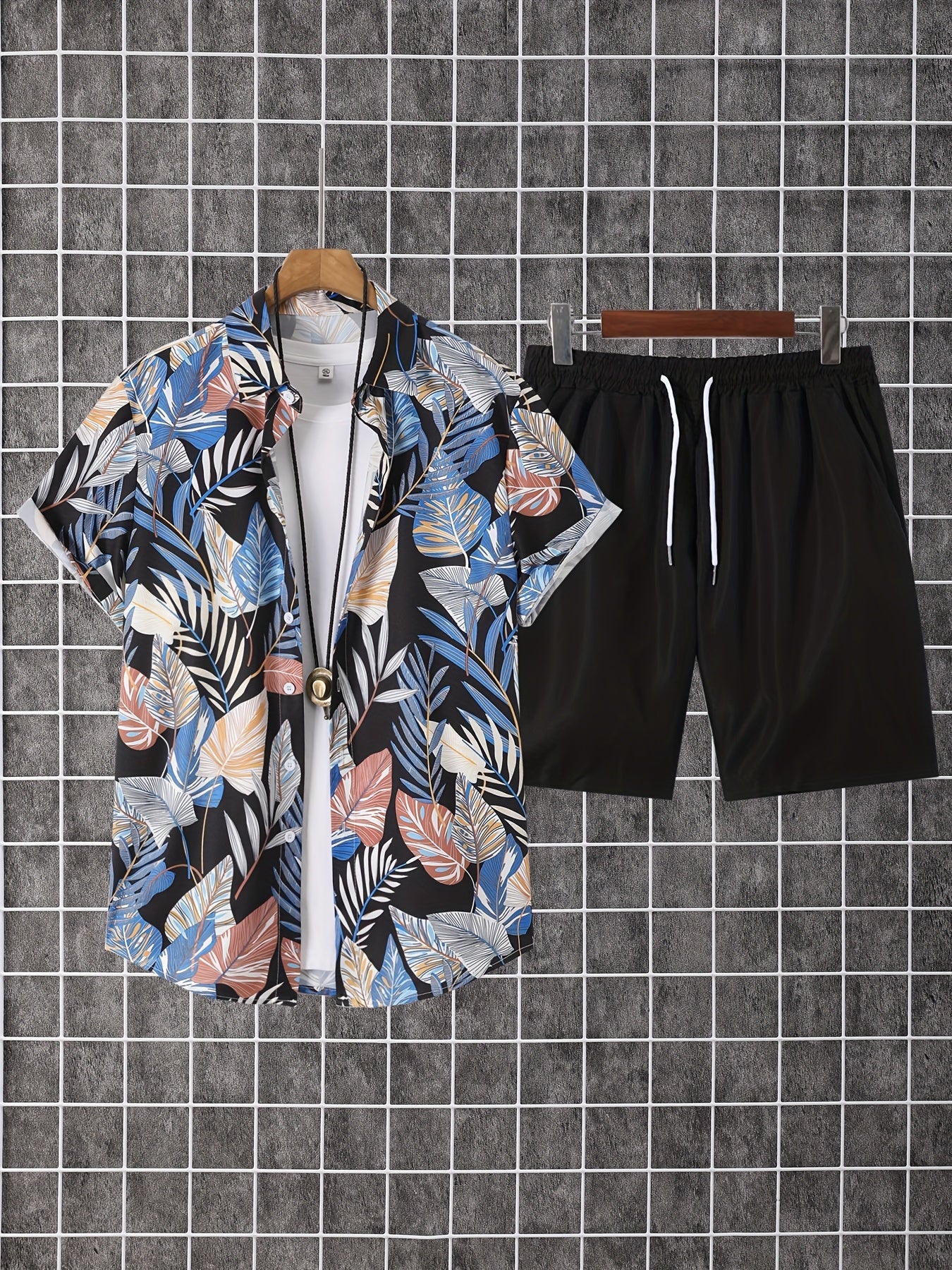Set of 2pcs: Men'S Summer Short-Sleeve Button-Up Shirt And Shorts.