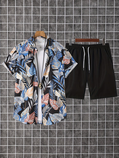 Set of 2pcs: Men'S Summer Short-Sleeve Button-Up Shirt And Shorts.