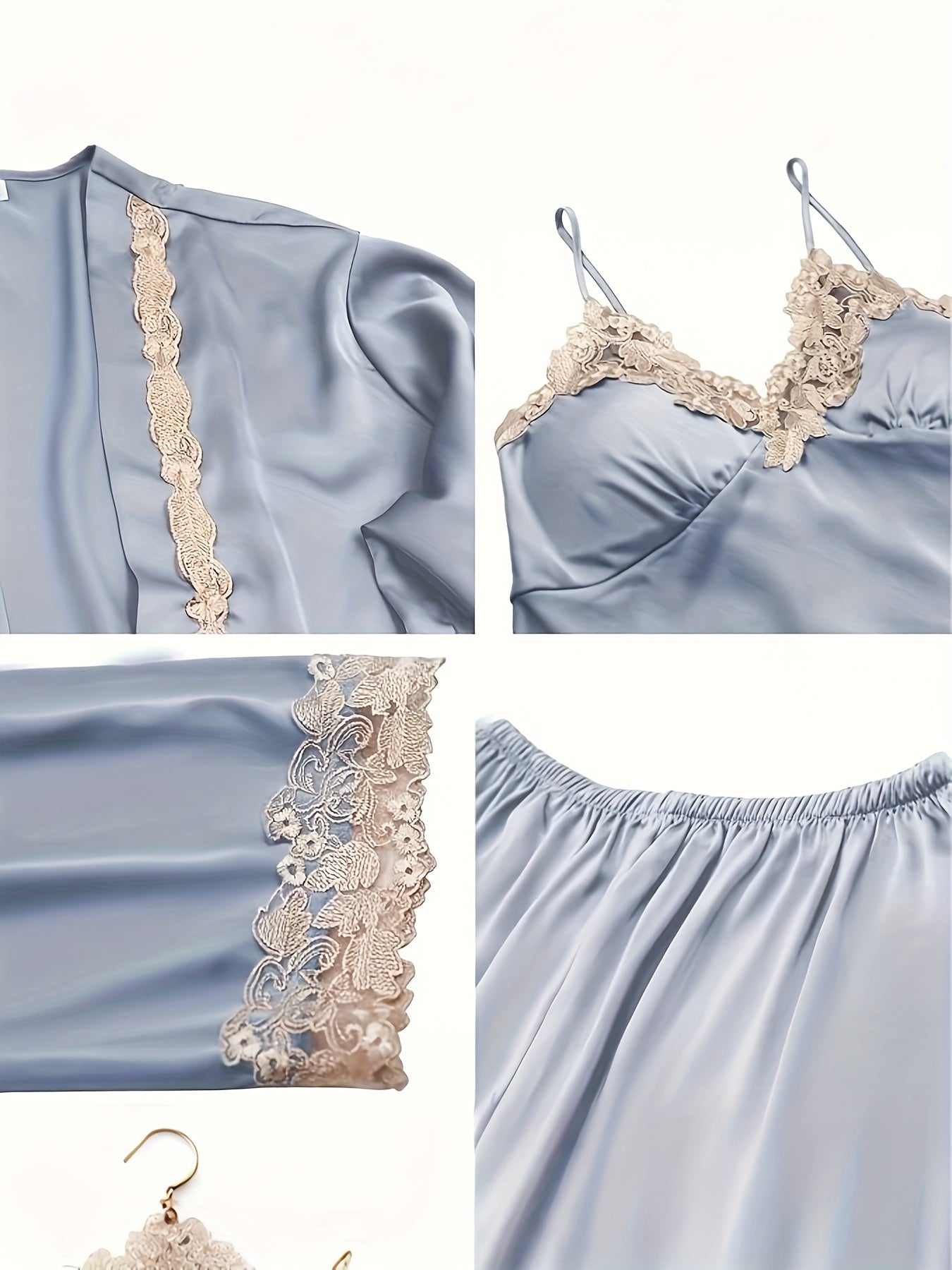 5pcs Set of Women'S Lace Sleepwear, Featuring a Charming Pajama, Casual Satin Outfit That Is Loose, Cozy, And Soft. The Set Includes a Robe, a Strap Skirt, a Short Tank Top, Shorts, And Pants