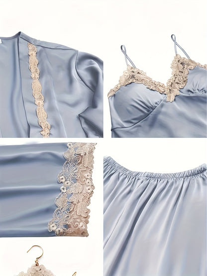5pcs Set of Women'S Lace Sleepwear, Featuring a Charming Pajama, Casual Satin Outfit That Is Loose, Cozy, And Soft. The Set Includes a Robe, a Strap Skirt, a Short Tank Top, Shorts, And Pants