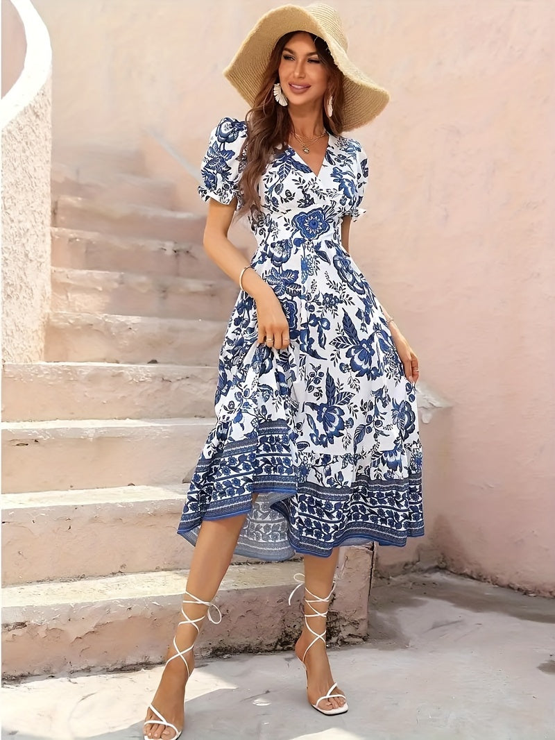 A-Line Dress with V-Neck And Floral Pattern - Lightweight And Airy Short Sleeves - Ideal for Spring And Summer Outfits - Women'S Apparel
