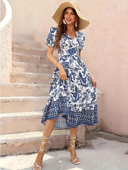 A-Line Dress with V-Neck And Floral Pattern - Lightweight And Airy Short Sleeves - Ideal for Spring And Summer Outfits - Women'S Apparel
