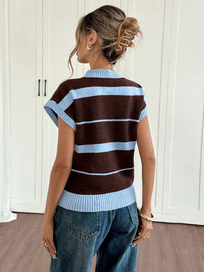 Women'S Striped Sweater - Fall/Winter Cozy, Short Sleeve, Trendy Chic, Breathable Knitwear, Ideal for Casual Fridays, Coffee Dates, Outdoor Gatherings