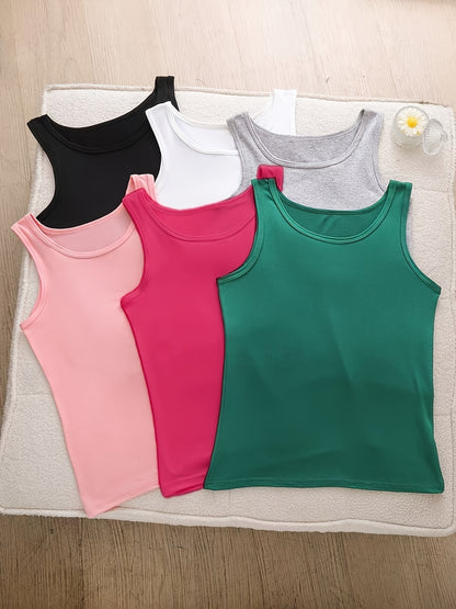 A Set of Six Women'S Soft Adhesive Vests in Various Colors Including Black, White, Gray, Pink, Rose Red, And Green. These Sleeveless Shirts Are Elastic, Breathable, And Comfortable for All Seasons, Making Them Ideal for Home And Casual Outings