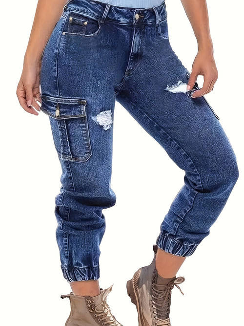 Women'S Distressed Stretch Cropped Denim Jeans - Fashionable Elastic Cuff, Multi-Pocket Casual Cargo Style, Washed Blue with Golden Accents, Casual Denim Wear|Sporty Cropped Jeans|Durable Fabric