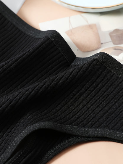 8pcs Solid Ribbed Label Patched Thongs, Sexy Comfy Breathable Stretchy Intimates Panties, Women'S Lingerie & Underwear