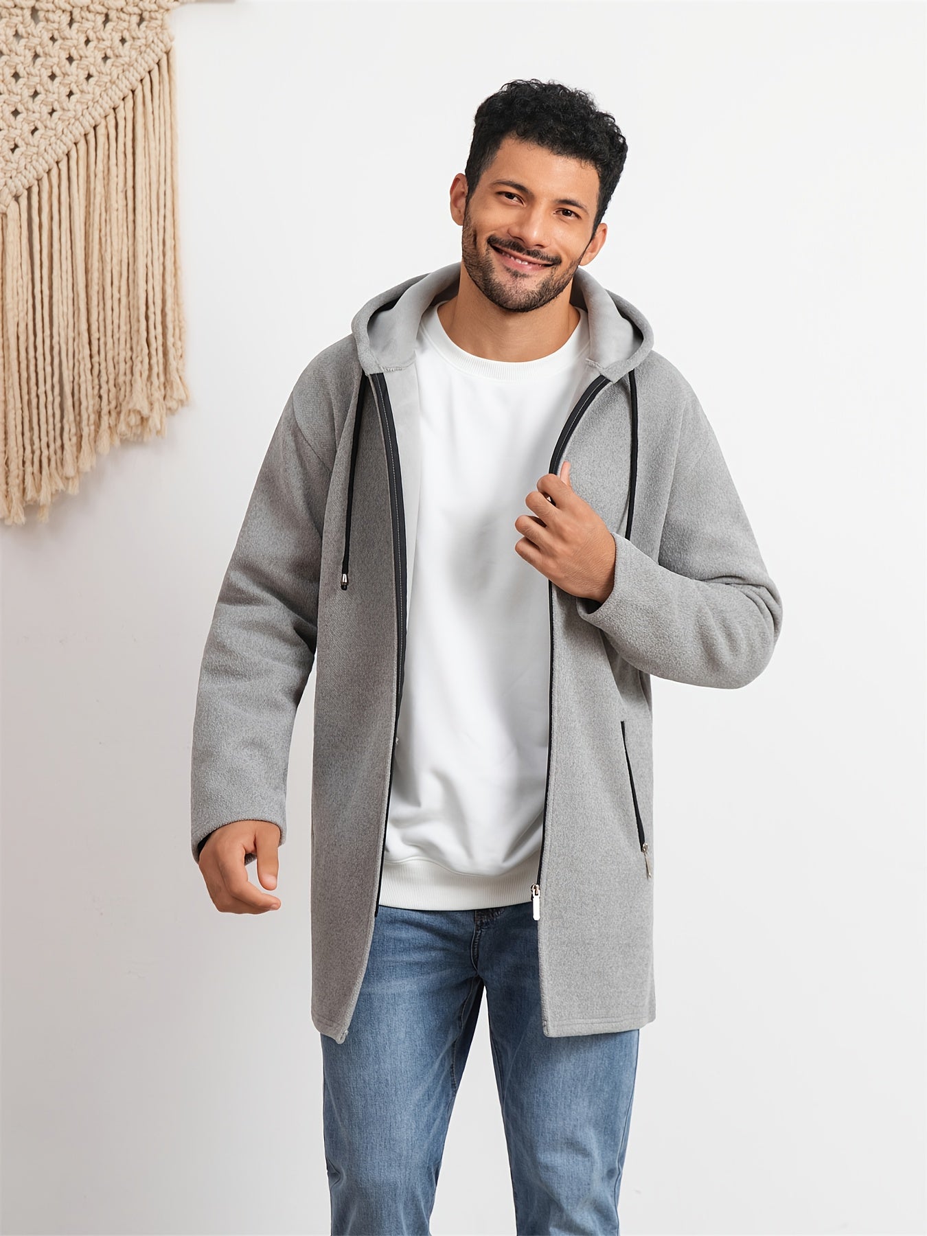 Men's Casual Hoodie, Hooded Mid Length Coat, Lined Zip Up Hoodie, Stylish Slim Fit Hoodie with Pockets, Suitable for Daily Wear, Outdoor Activities And Street