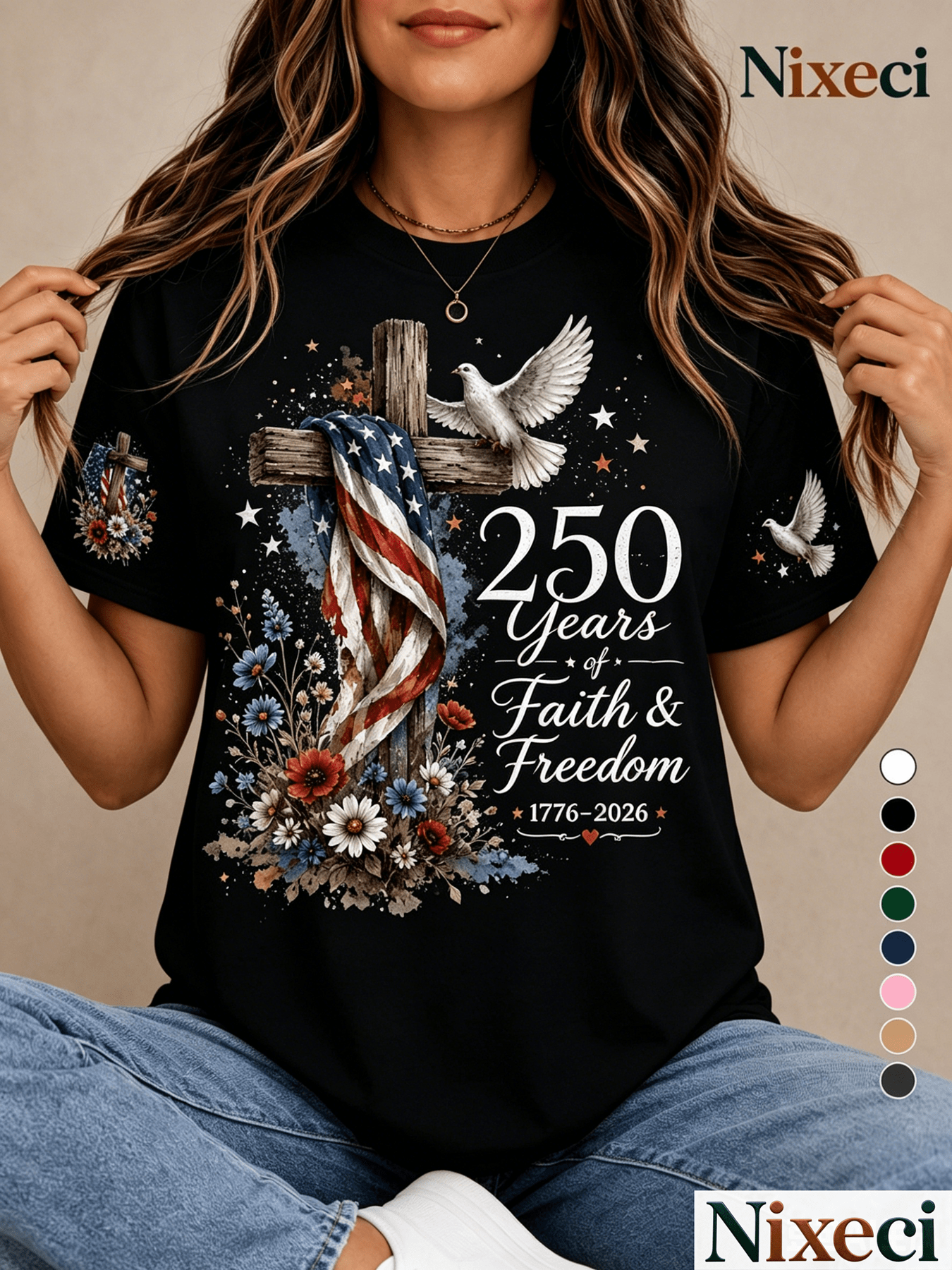 Women'S Fashion T-Shirt with Wooden Cross Flag Dove Flower And Star Print, Summer Casual Vacation Loose Fit Short Sleeve Top