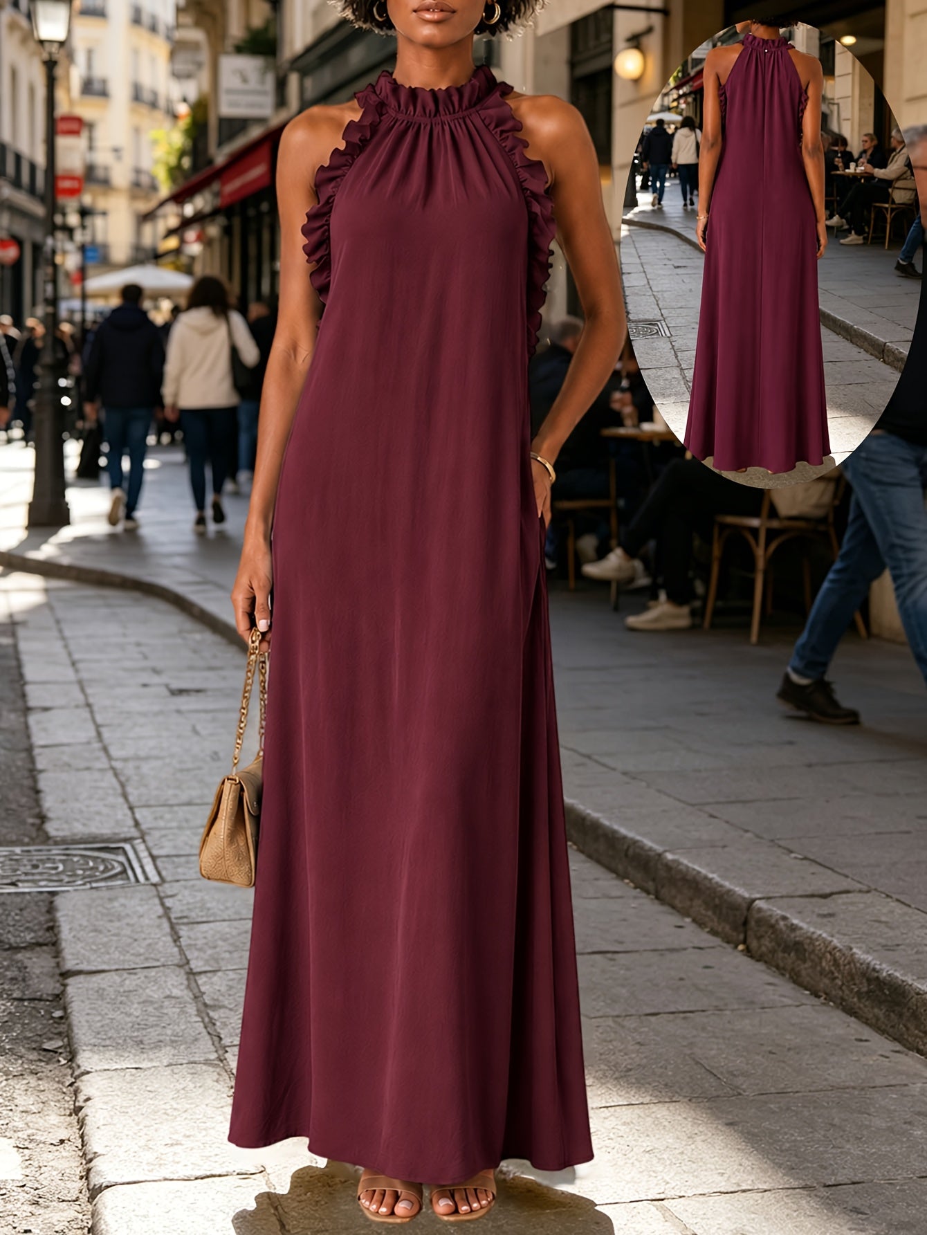 Summer Vacation Style Leaf-Edge Halter-Neck Sleeveless Dress