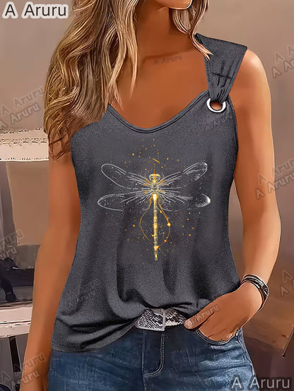 Fashionable Retro Dragonfly Print Sleeveless Top with Ring Design, Women, Suitable for Spring And Summer, Casual And Versatile, Comfortable And Breathable, Washable, for Home, Going Out, Or As A, Holiday Outfit