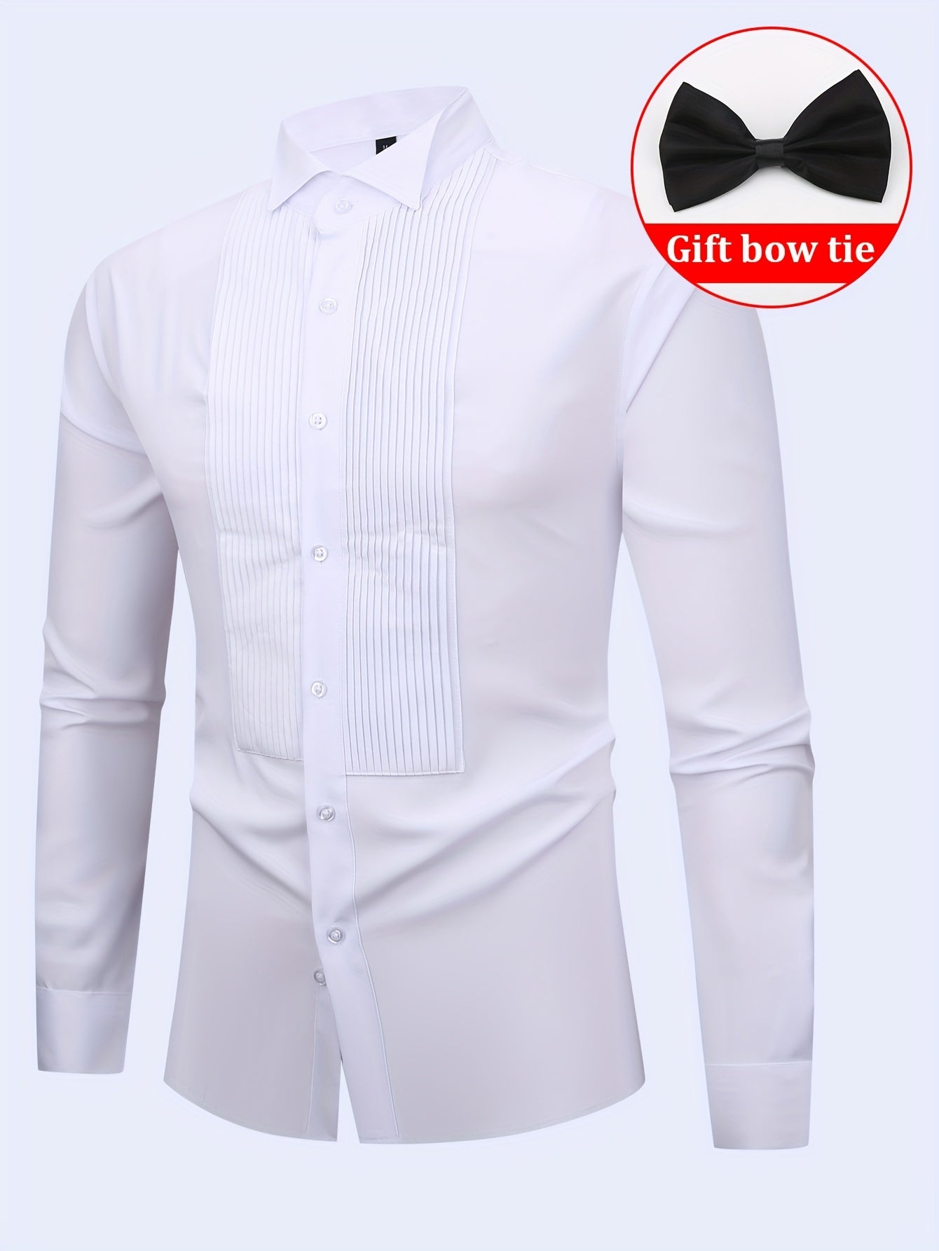 2026 New Men's French-Style Dress Shirt, Shirt Only Without Gift Box, Includes A Bow Tie, Elegant Pleated Front Dress Shirt/top, Suitable for Work, Office, Weddings, Formal Stand-up Collar Shirt, A Gift for Him for Christmas Or Valentine's Day
