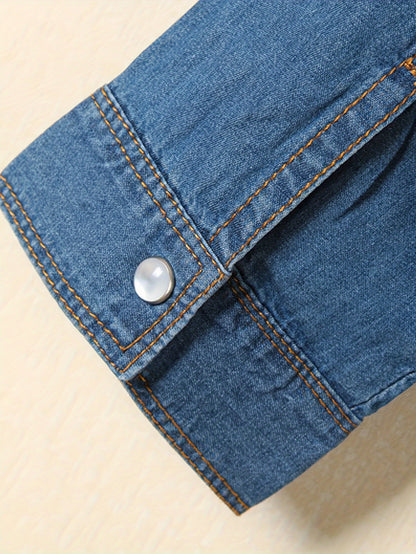 [Denim Crop Top] Chambray Denim Women's Crop Top | Roll Up 3/4 Sleeve Tie Front Knot Shirt