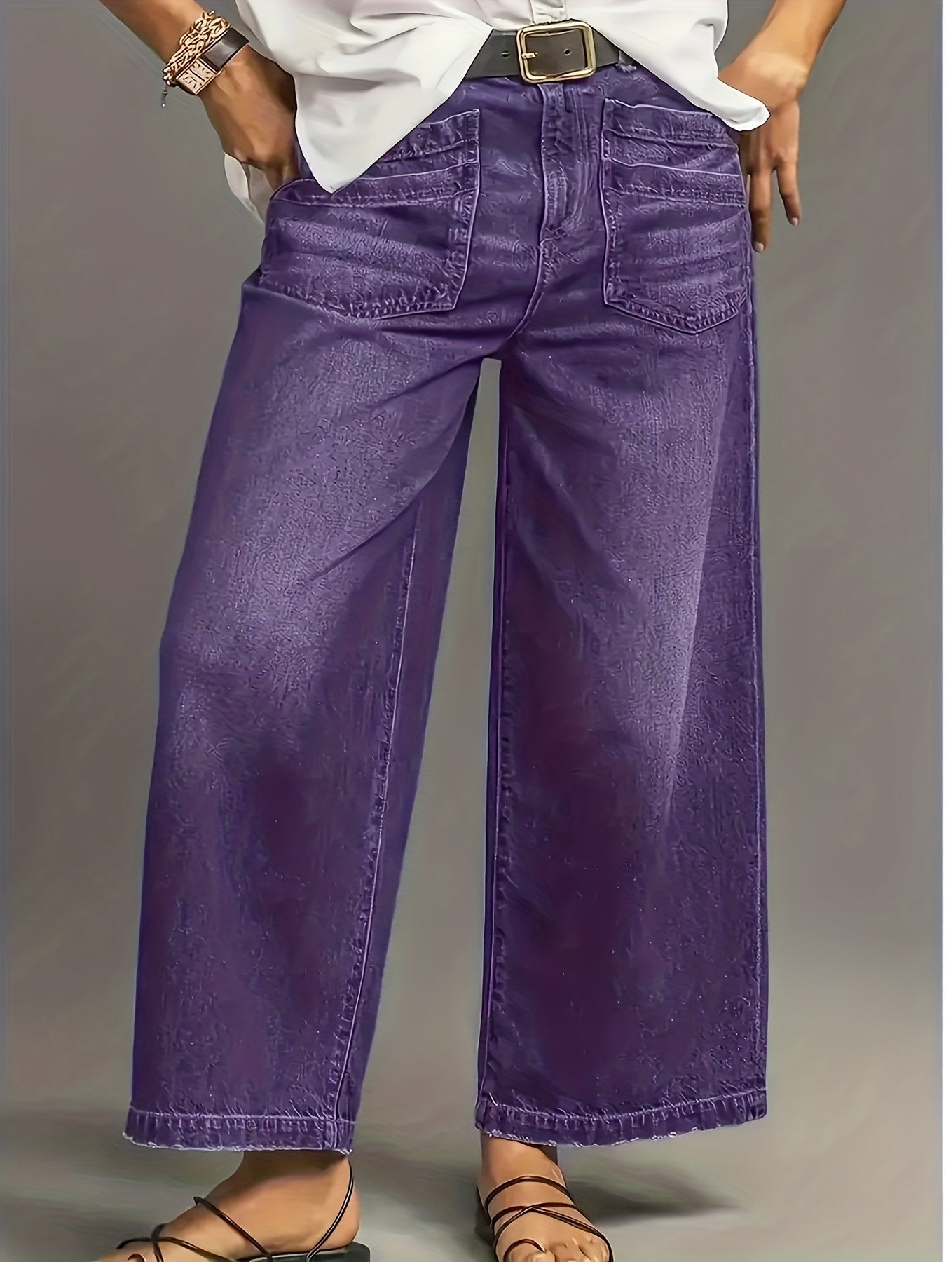 1pc Women's Plus-Size Wide-Leg Stretch Denim Jeans - Oversized Loose-Fit Heavy-Duty Washed Pants with Belt Loops & Zipper Closure, Multi-Pocket All-Season Casual & Workwear Trousers (Machine Washable) - Washed Blue