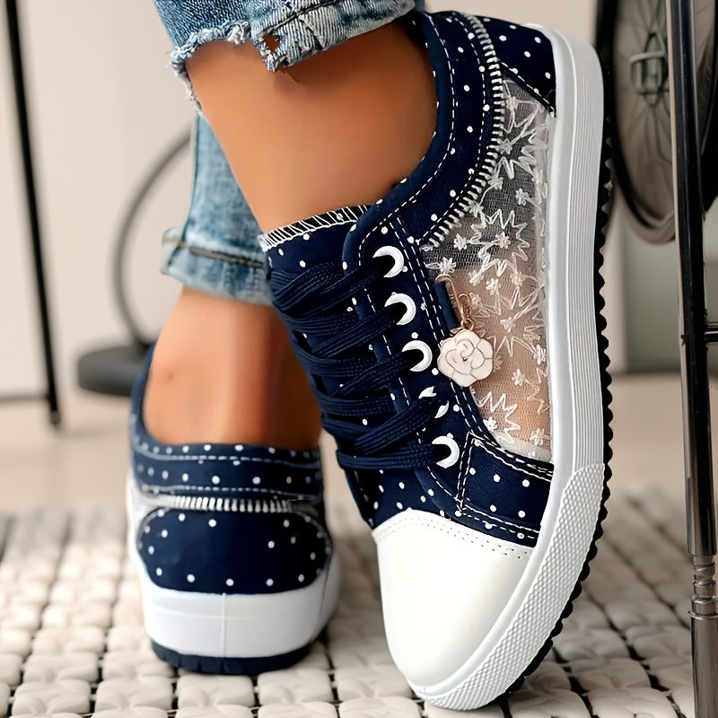 Breathable Mesh Women's Flats - Casual Low-Top Sneakers with Floral Design, Plus Size Available