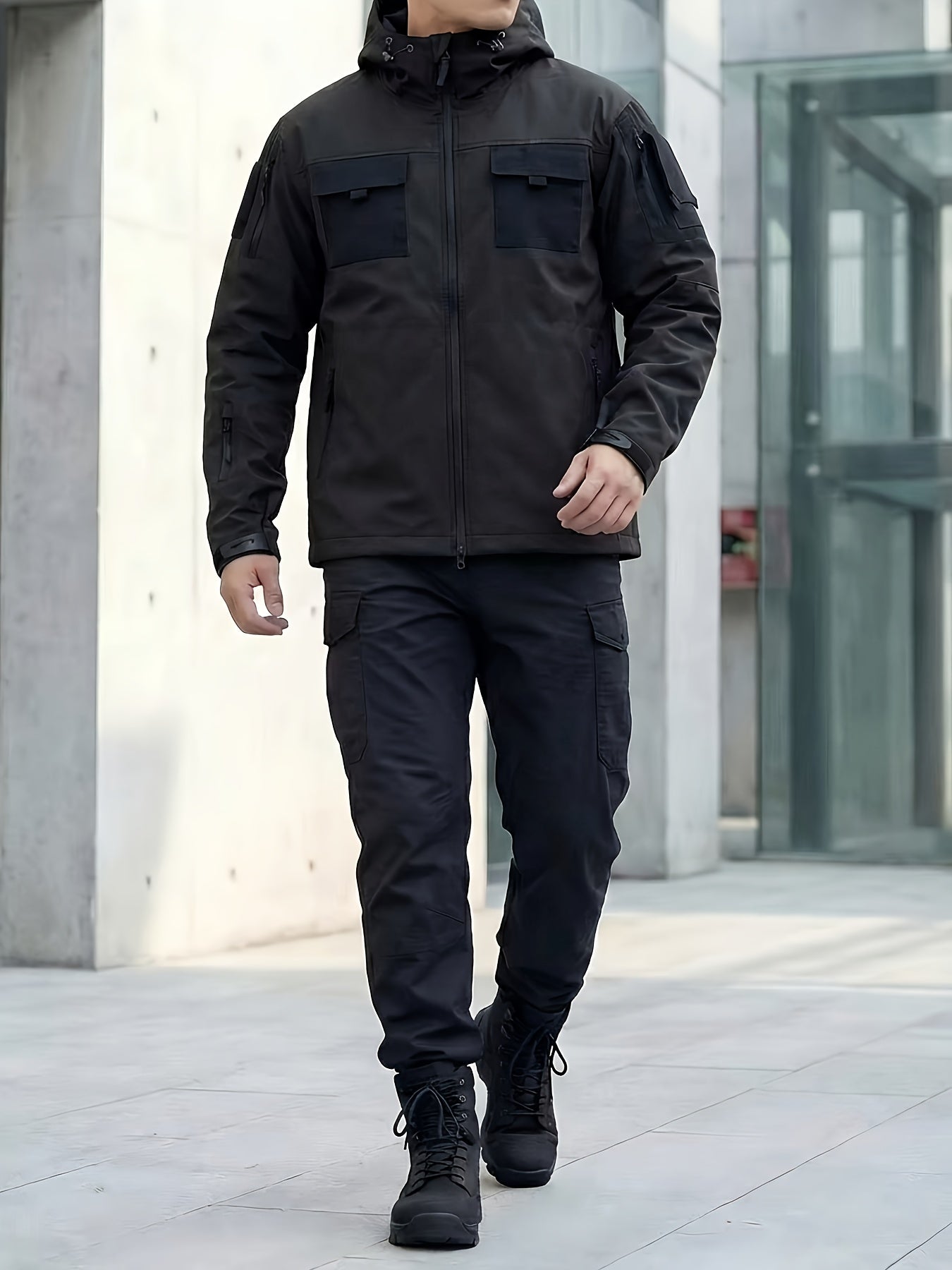 Men's Windproof Outdoor Jacket - Heavy-Duty Full-Zip Hooded Coat with Zippered Pockets, Scratch-Resistant Shell for Hiking, Camping, Hunting (Belt Included) Adjustable Hood -All-in-One Outdoor Shell Coat for Camping Essentials, Rugged Design, Durable