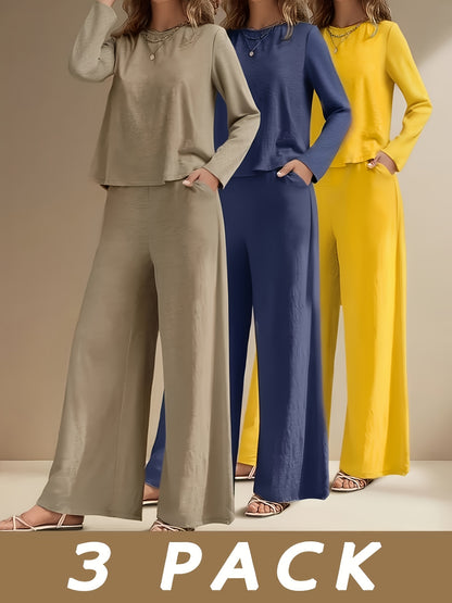 6pcs/3 Sets Fashionable Casual Long Sleeved Spring And Autumn Women'S Set, Solid Color Long Sleeved Top+solid Color Long Pants Set, Suitable For Daily Wear And Vacation In Spring And Autumn